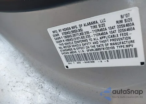 2007 Honda Odyssey Touring from USA, damaged, VIN 5FNRL38897B120109
